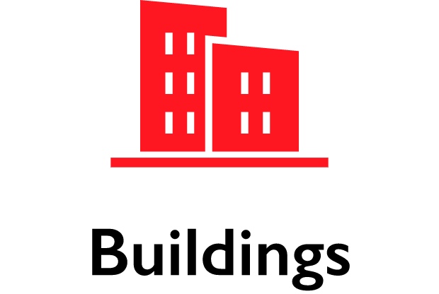 Red icon graphic representing two buildings