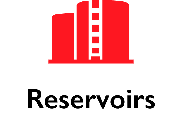 Red icon graphic representing a water reservoir tank